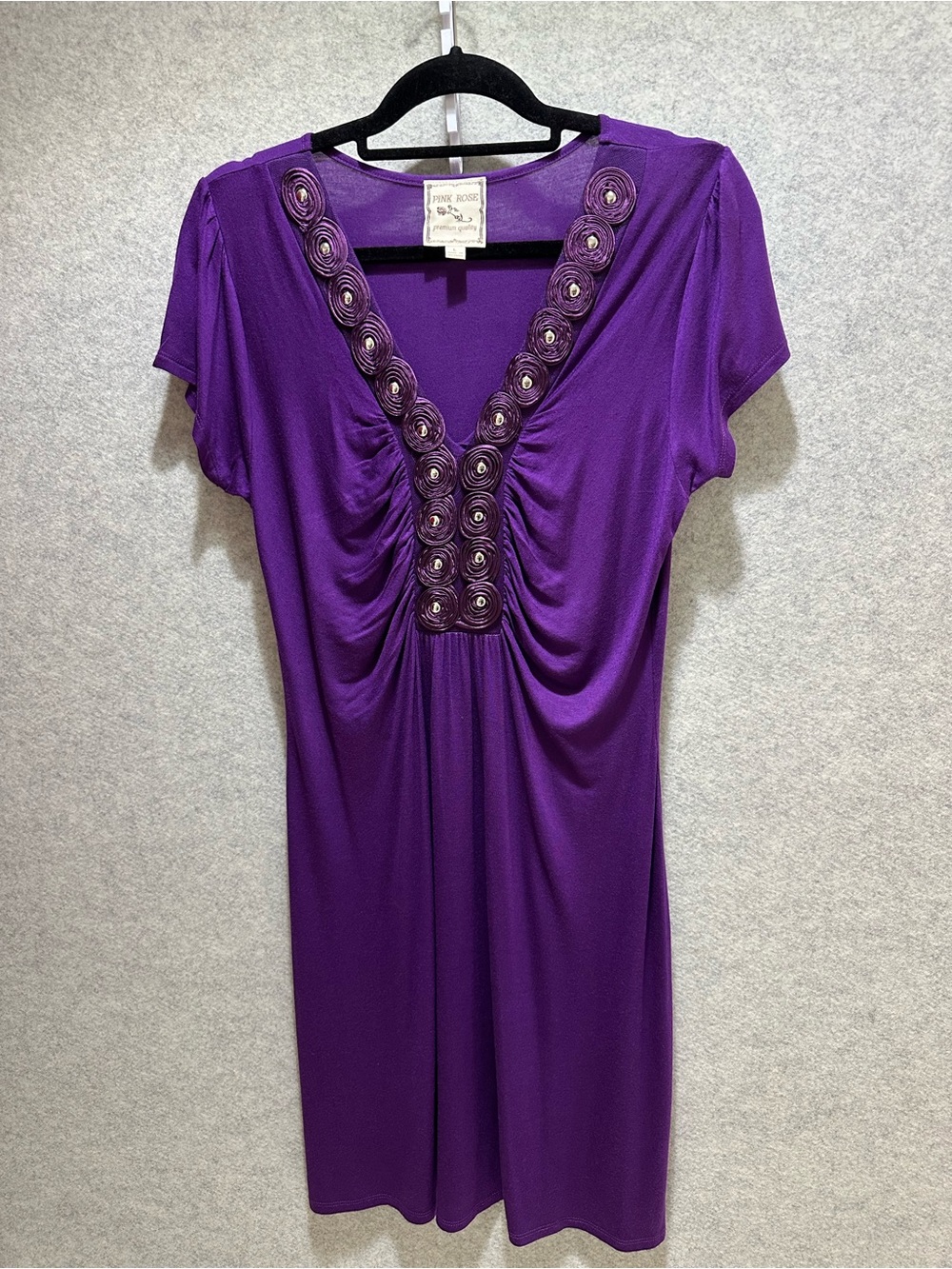 Pink Rose Deep Purple V-Neck Rosette Accent Top